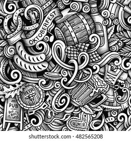 Cartoon hand-drawn doodles Oktoberfest seamless pattern. Line art trace detailed, with lots of objects vector background