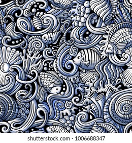 Cartoon hand-drawn doodles on the subject of under water life theme seamless pattern. Monochrome detailed, with lots of objects vector background