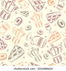 Cartoon hand-drawn doodles on the subject of cafe, coffee shop theme seamless pattern