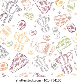 Cartoon hand-drawn doodles on the subject of cafe, coffee shop theme seamless pattern