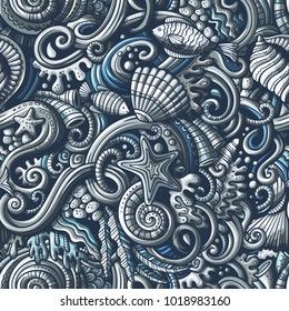 Cartoon hand-drawn doodles on the subject of under water life theme seamless pattern. Monochrome detailed, with lots of objects vector background