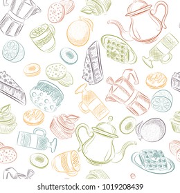 Cartoon hand-drawn doodles on the subject of cafe, coffee shop theme seamless pattern