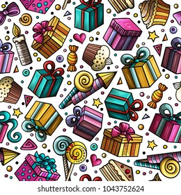 Cartoon hand-drawn doodles on the subject holidays, birthday theme seamless pattern. Colorful detailed, with lots of objects vector background.