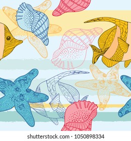 Cartoon hand-drawn doodles on the subject of marine style theme seamless pattern. Colorful vector background