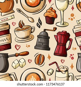 Cartoon hand-drawn doodles on the subject of cafe, coffee shop theme seamless pattern. Colorful detailed, with lots of objects vector background. Sketch elements for you design.
