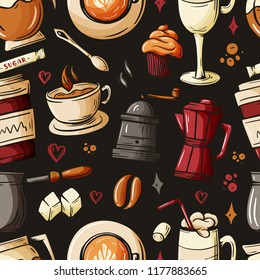 Cartoon hand-drawn doodles on the subject of cafe, coffee shop theme seamless pattern. Colorful detailed, with lots of objects vector background. Sketch elements for you design.