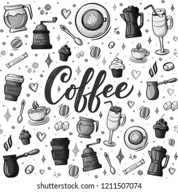 Cartoon hand-drawn doodles on the subject of cafe, coffee shop theme seamless pattern. Colorful detailed, with lots of objects vector background. Sketch elements for you design.