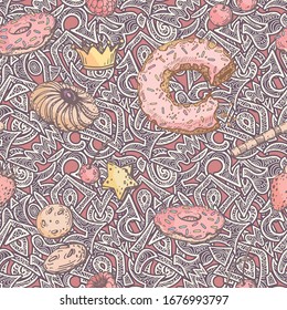 Cartoon hand-drawn doodles on the subject of cakes, cakes, strawberries, cherries and other sweets seamless pattern on the pink background. Line art sketchy detailed, with lots of objects background