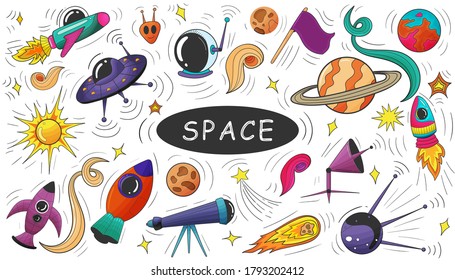 Cartoon hand-drawn doodles on the subject of space style theme pattern. Vector background