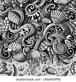 Cartoon hand-drawn doodles on the subject of Underwater life frame border. Monochrome detailed, with lots of objects vector background