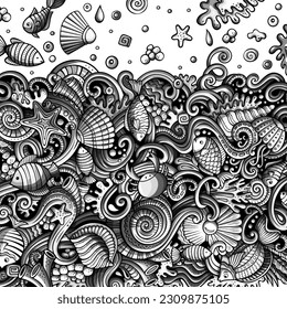 Cartoon hand-drawn doodles on the subject of Underwater life frame border. Monochrome detailed, with lots of objects vector background