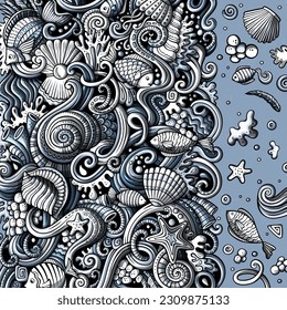 Cartoon hand-drawn doodles on the subject of Underwater life frame border. Monochrome detailed, with lots of objects vector background