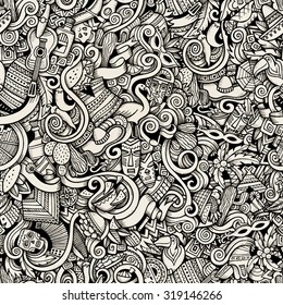 Cartoon Hand-drawn Doodles On The Subject Of Latin American Style Theme Seamless Pattern. Contour Trace Vector Background