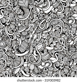 Cartoon Hand-drawn Doodles On The Subject Of Latin American Style Theme Seamless Pattern. Contour Trace Vector Background