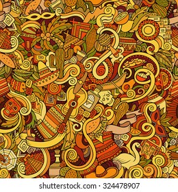 Cartoon hand-drawn Doodles on the subject of Latin American style theme seamless pattern. Colorful vector background