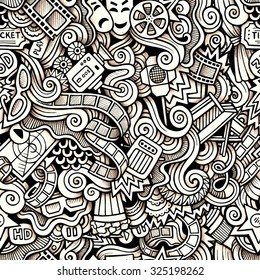 Cartoon hand-drawn doodles on the subject of Cinema style theme seamless pattern. Contour trace vector background