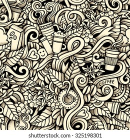 Cartoon hand-drawn doodles on the subject of Coffee style theme seamless pattern. Contour trace vector background