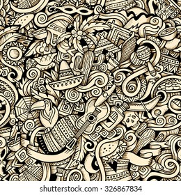 Cartoon Hand-drawn Doodles On The Subject Of Latin American Style Theme Seamless Pattern. Contour Trace Vector Background