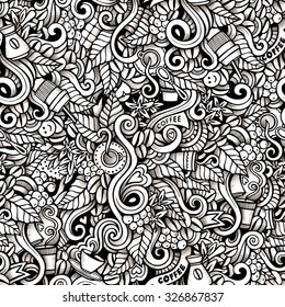 Cartoon hand-drawn doodles on the subject of Coffee style theme seamless pattern. Contour trace vector background