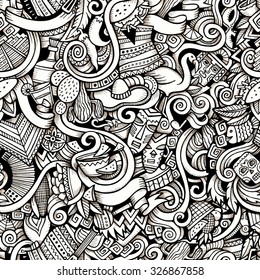 Cartoon hand-drawn Doodles on the subject of Latin American style theme seamless pattern. Contour trace vector background