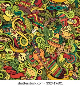 Cartoon Hand-drawn Doodles On The Subject Of Latin American Style Theme Seamless Pattern. Colorful Vector Background