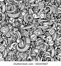 Cartoon hand-drawn doodles on the subject of car style theme seamless pattern. Vector trace background