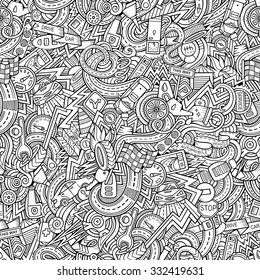 Cartoon hand-drawn doodles on the subject of car style theme seamless pattern. Vector background