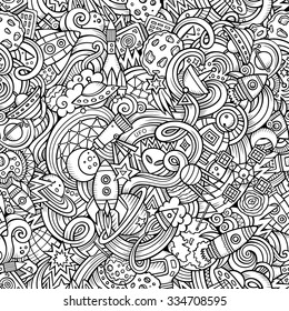 Cartoon hand-drawn doodles on the subject of space style theme seamless pattern. Vector  background