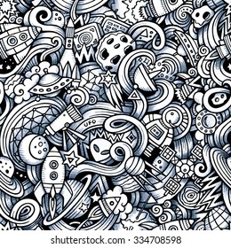 Cartoon hand-drawn doodles on the subject of space style theme seamless pattern. Vector trace background