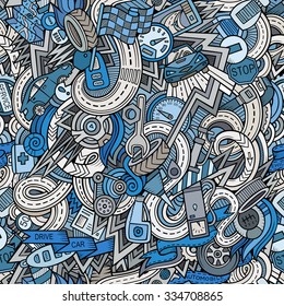 Cartoon hand-drawn doodles on the subject of car style theme seamless pattern. Vector background