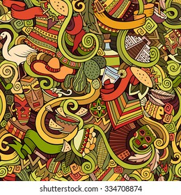 Cartoon hand-drawn Doodles on the subject of Latin American style theme seamless pattern. Colorful vector background