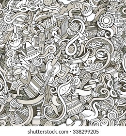 Cartoon hand-drawn doodles on the subject of Latin American style theme seamless pattern. Contour vector background