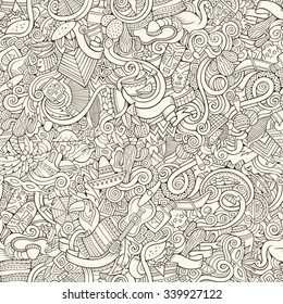 Cartoon hand-drawn doodles on the subject of Latin American style theme seamless pattern. Contour vector background