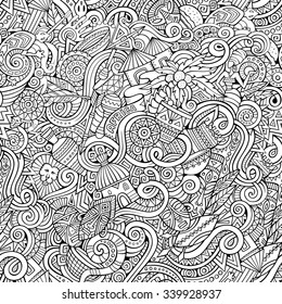 Cartoon hand-drawn doodles on the subject of Africa style theme seamless pattern. Line art vector background