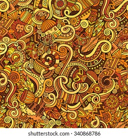 Cartoon hand-drawn doodles on the subject of Africa style theme seamless pattern. Colorful vector background