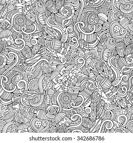 Cartoon hand-drawn doodles on the subject of Africa style theme seamless pattern. Line art vector background