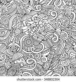 Cartoon hand-drawn doodles on the subject of Africa style theme seamless pattern. Line art vector background