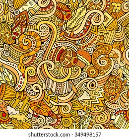 Cartoon hand-drawn doodles on the subject of Africa style theme seamless pattern. Colorful vector background