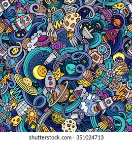 Cartoon hand-drawn doodles on the subject of space style theme seamless pattern. Vector  background