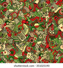 Cartoon hand-drawn doodles on the subject of casino style theme seamless pattern. Vector colorful background