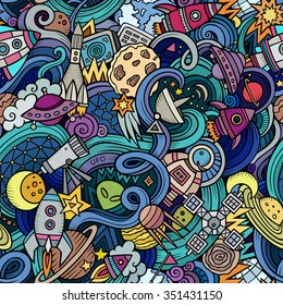 Cartoon hand-drawn doodles on the subject of space style theme seamless pattern. Vector  background