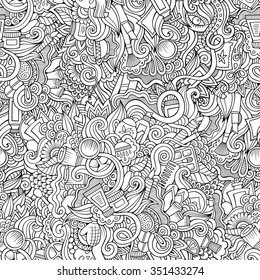 Cartoon hand-drawn Doodles on the subject of cosmetic and beauty style theme seamless pattern. Line art vector background