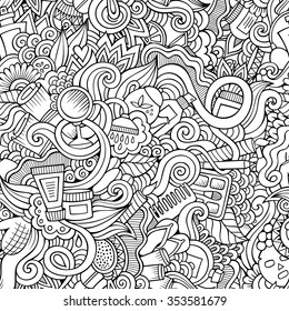 Cartoon hand-drawn Doodles on the subject of cosmetic and beauty style theme seamless pattern. Line art vector background