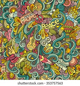 Cartoon Hand-drawn Doodles On The Subject Of Hippie Style Theme Seamless Pattern. Colorful Vector Background