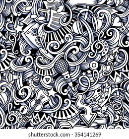 Cartoon hand-drawn doodles on the subject of Music style theme seamless pattern. Vector trace background