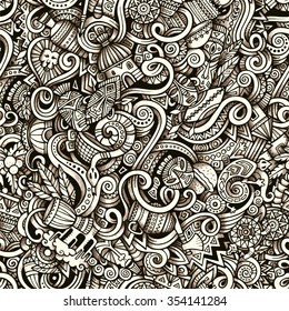 Cartoon hand-drawn doodles on the subject of Africa style theme seamless pattern. Vector trace background