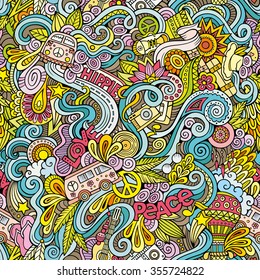 Cartoon hand-drawn Doodles on the subject of Hippie style theme seamless pattern. Colorful vector background