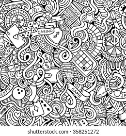 Cartoon hand-drawn doodles on the subject of casino style theme seamless pattern. Vector line art background