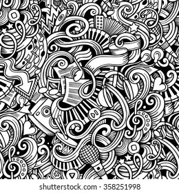 Cartoon hand-drawn doodles on the subject of Music style theme seamless pattern. Vector trace background
