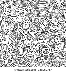 Cartoon hand-drawn doodles on the subject of tea time style theme seamless pattern. Vector line art background